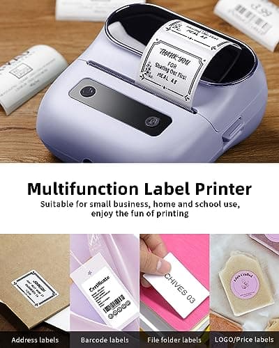 Phomemo M220 Label Maker, Bluetooth Thermal Label Maker Machine for Barcode, Address, Home, Mailing, Small Business,Clothing, Portable Wireless Printer with 1 Rolls Label, Purple 8