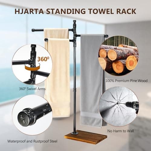 Hjarta 360° Swivel Standing Towel Rack, Free Standing Towel Holder with Wooden Base, Towel Stand with 3 Arms for Bathroom, Poolside 6
