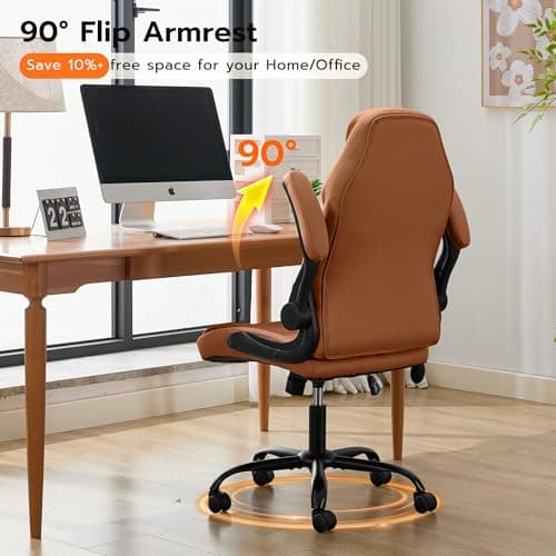 Office Desk Chair, Ergonomic Computer Chair with Padded Flip-Up Arms and Adjustable Lumbar Support, PU Leather Executive Chair with Tilt Lock and 360° Swivel Rolling Wheels for Work, Study 6
