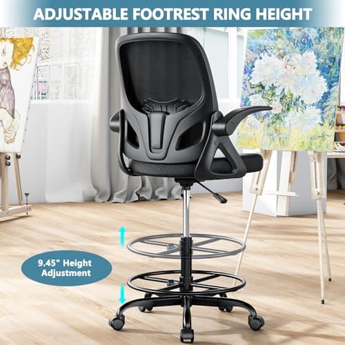 Kensaker Tall Drafting Chair with Footrest Ring for Home and Work, Ergonomic Home Desk Office Chair with Flip up Arms and Lumbar Support, Extended Height Executive Desk Office(Black) 6