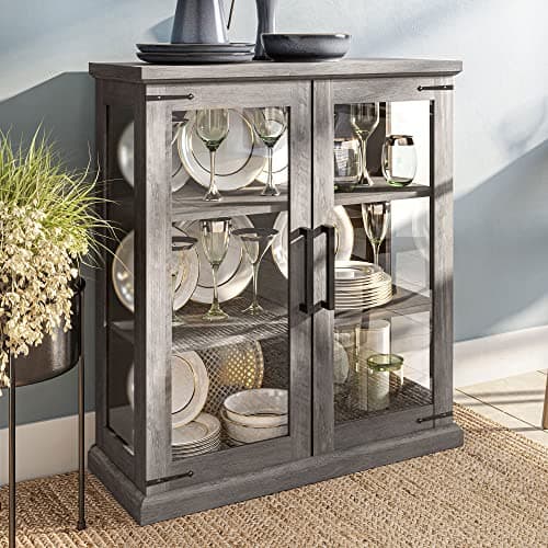 BELLEZE Storage Cabinet with Shelves and Glass Doors for Entryway, Living Room, Hallway, or Kitchen - Ashford (Gray Wash)