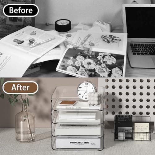 FANXIYQ 4-Tier Acrylic Paper Tray Organizer | Clear Stackable Desk Organizer for Documents, Letters, A4 Paper | Modern Office/Classroom/Home Organization 7