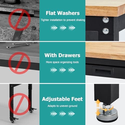 60 Inches Workbench, Rubber Wood Tabletop Work Table with 2 Drawers & Pegboard, 3000 LBS Heavy Duty Adjustable Height Work Bench with Power Outlets for Workshop, Office, Garage 5