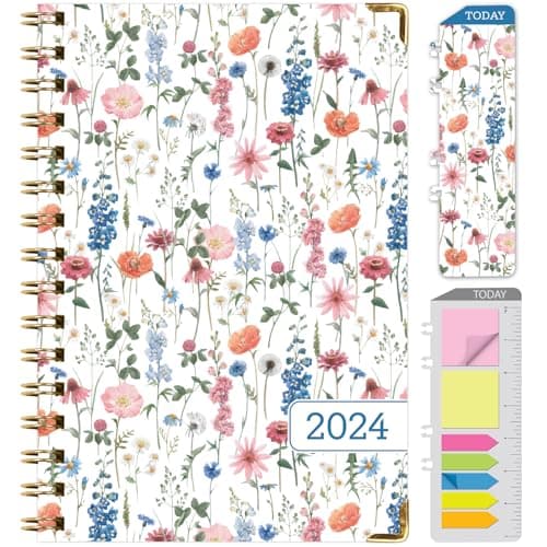 HARDCOVER 2024 Planner: (November 2023 Through December 2024) 5.5"x8" Daily Weekly Monthly Planner Yearly Agenda. Bookmark, Pocket Folder and Sticky Note Set (Colorful Botanicals)