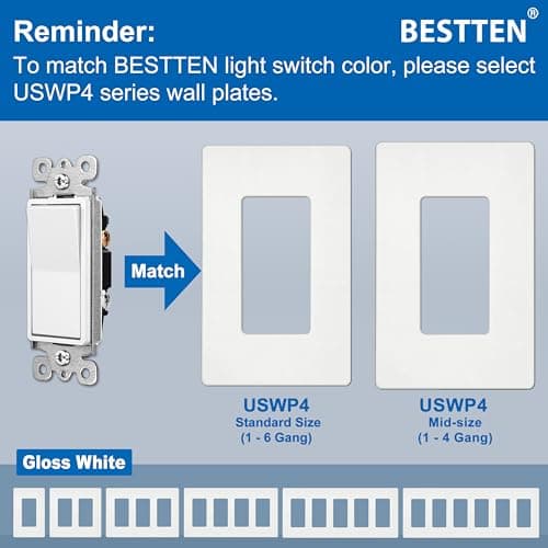 BESTTEN 10 Pack 3-Way Decorator Light Switch, 15A 120/277V, Single Pole or Three Way, Rocker Paddle Wall Switch, On/Off Rocker Interrupter, UL Listed, White 9