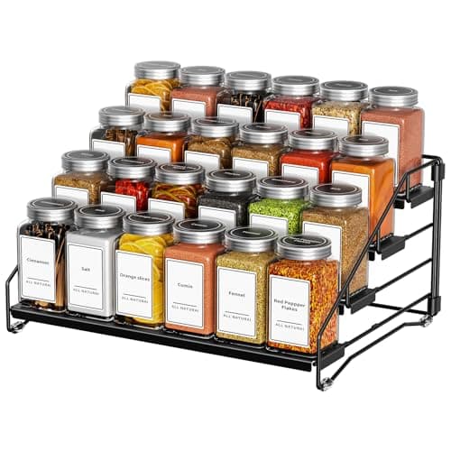 BOIVSHI 4 Tier Spice Rack for Cabinet, Spice Rack Organizer, Depth Adjustable Spice Holder for Countertop, Cupboard, Pantry, Seasoning Shelf, Metal, Black (1 Pack)