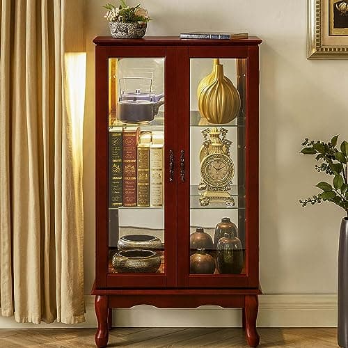 Anwick China Cabinet &Curio Cabinets with Glass Doors, Lighted Display Cabinet with Mirrored Back Panel, Tempered Glass and 3 Tiers Adjustable Shelves (Cherry)