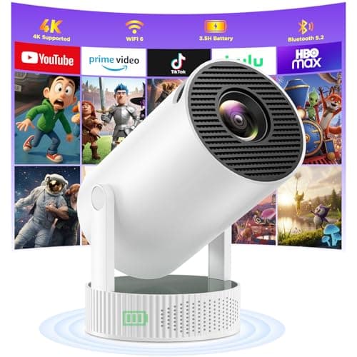 Mini Projector with Built-in Rechargeable Battery for Outdoor, Portable Projector with WiFi and Bluetooth, 4K Projector for Bedroom, Smart Projector Compatible with iphone/TV Stick/HDMI/USB/Laptop