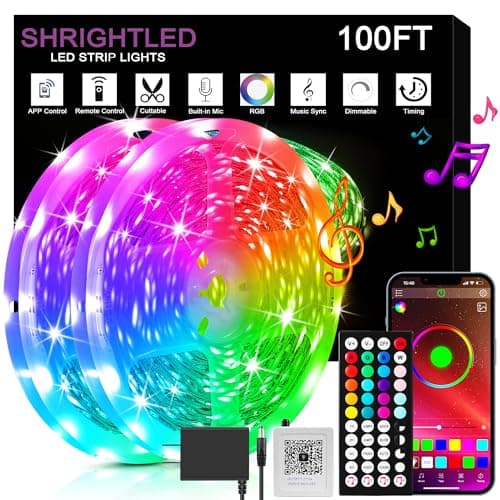 SHRIGHTLED Led Lights for Bedroom 100ft (2 Rolls of 50ft) Music Sync Color Changing, Bluetooth RGB Led Strip Lights with Remote and Smart App Control, for Room Lighting Flexible Home Décor