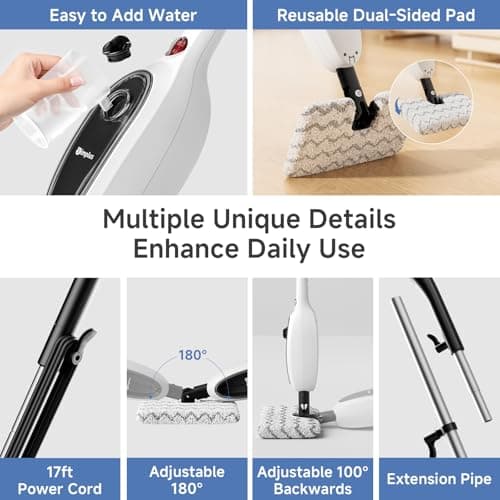 SIMPLUS Steam Mop, 8-in-1 Steam Cleaner, 17S Heat Up, Floor Steamer Double-Sided Flip Design, Suitable for Kitchen, Bathroom, Wood Floor, Tile, Windows, Clothes, Whole Home Cleaning 8