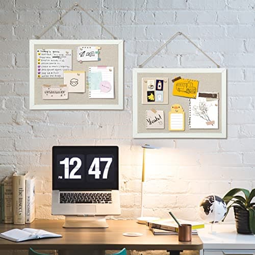 AMUSIGHT 2-Pack Double-Sided Cork Board with Linen, 16" x 12" Hanging Wood Framed Bulletin Board, Picture Display Vision Board Kit Corkboards for Wall School Office Decor, 20 Pushpins (Vintage White) 7