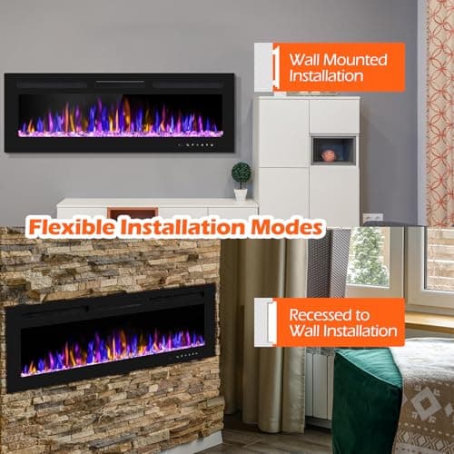 BETELNUT 50" Electric Fireplace Wall Mounted and Recessed with Remote Control, 750/1500W Ultra-Thin Wall Fireplace Heater W/Timer Adjustable Flame Color and Brightness, Log Set & Crystal Options 9