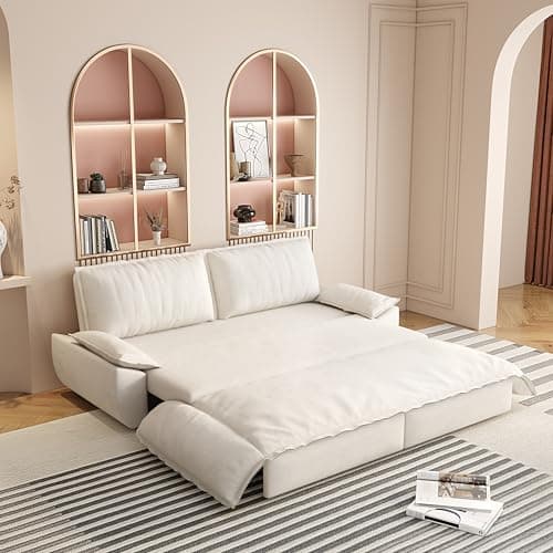 LuxyHoom 73.2" Sleeper Sofa Bed Queen, 3-in-1 Convertible Couch, Modern Pull Out Couches, Comfy Velvet Futon Sofa, Cloud Loveseat Lounge, Pillow Arm, for Small Spaces, Living Room, Apartment, Beige