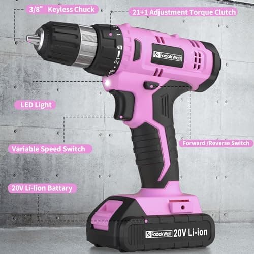 FADAKWALT Cordless Drill Set, 20V Electric Power Drill With Battery And Charger, 30N Torque, 21+1 Settings, 3/8-Inch Keyless Chuck, Driver Bits Kit, LED Light (Pink) 5