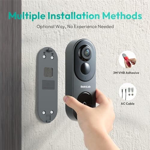 BOTSLAB 5MP Wireless Video Doorbell Camera,180° Head-to-Toe View, AI Motion Detection, VR Mode, Battery or Wired Powered, Easy Installation, Weatherproof, No Monthly Fee, 2.4GHz WiFi 6
