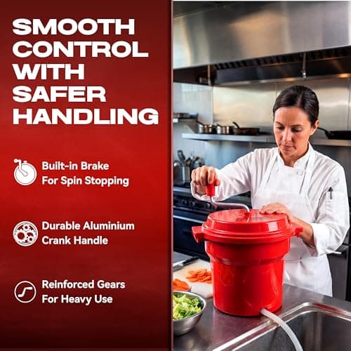 2.5 Gallon Chef Master Commercial Salad Spinner Dryer – Manual Lettuce Spinner and Fruit Washer Bowl with Strainer - Sealed Gearbox, Built In Brake System - Durable Spinner Mechanism - 90012 6