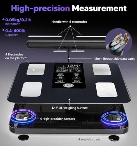 GE Smart Scale for Body Weight: 8-Electrode Digital Bathroom Scale for Weight Fat BMI Muscle Mass Full Body Composition Analyzer 50 Measurements Bluetooth Highly Accurate Weighing Machine 400lb Black 5