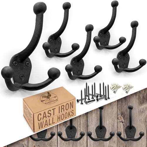Cast Iron Tri Leg Coat Hooks (5 Pack) Wall Mounted Farmhouse, Decorative, Rust Proof for Exterior or Interior Wall Hooks, Vintage Hooks for Hanging Coats, Bags, Hats, Towels etc (Black)