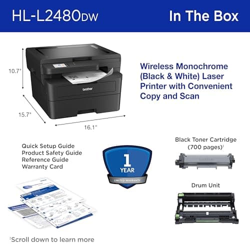 Brother HL-L2480DW Wireless Compact Monochrome Multi-Function Laser Printer with Copy and Scan, Duplex, Mobile, Black & White | Includes Refresh Subscription Trial(1), Works with Alexa 7