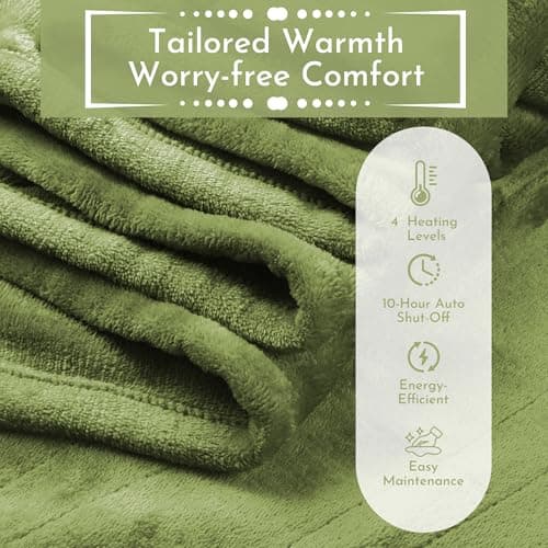ONDAN Electric Heated Blanket 84"x90" Queen Size Flannel Heated Blanket, Cozy & Warm for All Night, 4 Heat Settings & 10 Hours Auto Off, Machine Washable, Green 8