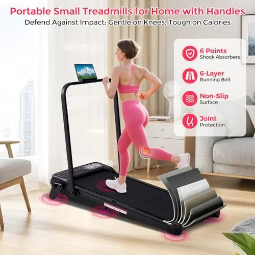 Portable Treadmill with Handles & Adjustable Incline, 3.5HP Compact Walking Pad Treadmill with Handle Bar, 0.6-7.6MPH Electric Small Under Desk Treadmills for Home Small Spaces, 350LBS Walking Pads 8