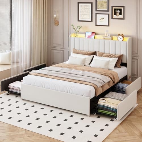 Queen Bed Frame with 4 Drawers and Storage Headboard, Upholstered Platform Bed Frame Queen Size with Led Lights and Handy Charging Station, No Box Spring Needed, Easy Assembly, Noise Free, Beige 8