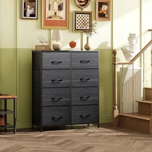 WLIVE Fabric Dresser for Bedroom, Tall Dresser with 8 Drawers, Storage Tower with Fabric Bins, Double Dressers, Chest of Drawers for Closet, Living Room, Dormitory, Charcoal Black Wood Grain Print 8