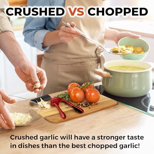 Zulay Kitchen Large Premium Garlic Press Set - Bigger Bowl for Bigger Garlic - Rust Proof & Dishwasher Safe Garlic Mincer Tool - Easy-Squeeze, Easy-Clean Silicone Garlic Peeler & Brush (Red) 6