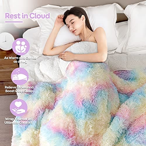 Cottonblue Weighted Blanket 15lbs Queen Size, Soft Faux Fur Sherpa Blanket, Reversible Fluffy Fleece Reverse Blankets, Warm and Cozy Rainbow Throw Decorative for Bedroom Sofa Floor, 60"x80" 5