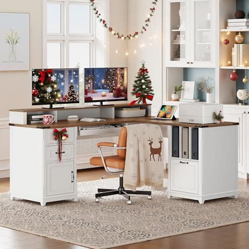 RALGEND Farmhouse 69" Executive L Shaped Desk with Drawer, Home Office Desk with Charging Station, Corner Computer Desk with Monitor Stand, File Drawer, Storage Cabinet, White and Walnut 6