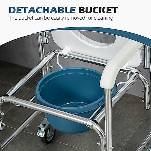 HOMCOM 3-in-1 Shower Commode Wheelchair, FSA/HSA Eligible Transport Beside Commode Chair, Waterproof Rolling Over Toilet Chair 330 lbs. Weight Capacity with Padded Seat, White 3
