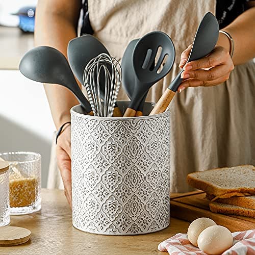 KOOV Kitchen Utensil Holder, Large Utensil Holders for Countertop, 6 x 7 Inches Ceramic Utensil Crock, Deep and Stable, Cooking Utensil Holder, Embossed Pattern, White 7