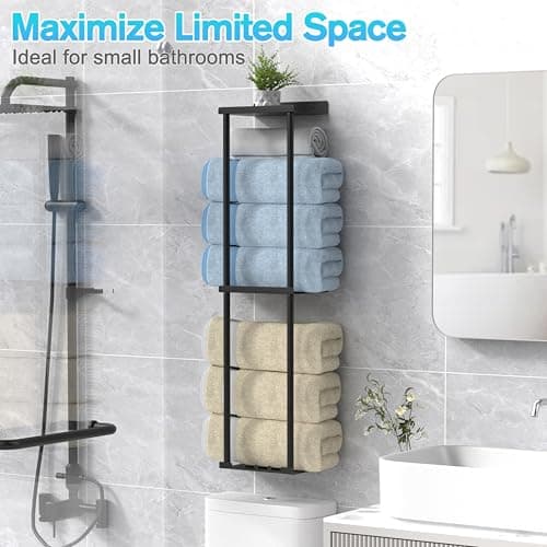 Liuoud Towel Rack for Bathroom, Wall Mounted Vertical Rolled Towel Storage Organizer Holder with Shelf, Holds Up 6 Large Bath Sheets, Black 7