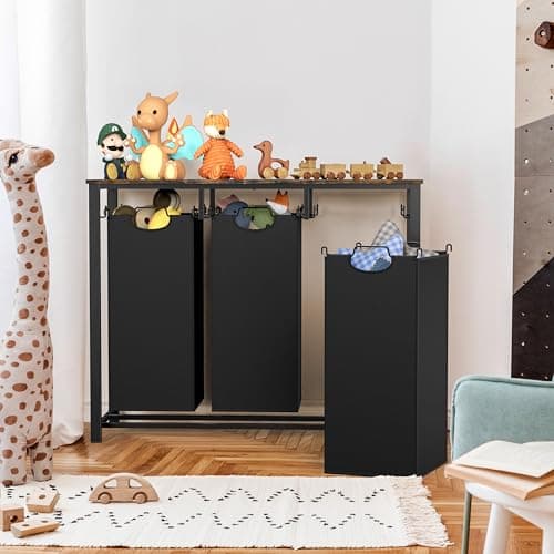 Simple Houseware 3-Section Laundry Sorter with Tabletop Shelf, 3 Pull-Out 10-Gallon Hampers, Metal Frame Laundry Organizer for Bedroom, Bathroom, Rustic Brown 7