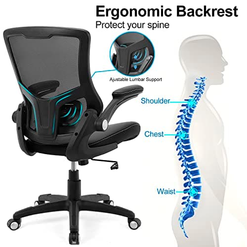 Office Chair Ergonomic Desk Chair, Computer PU Leather Home Office Chair, Swivel Mesh Back Adjustable Lumbar Support Flip-up Arms Executive Task Chair 5
