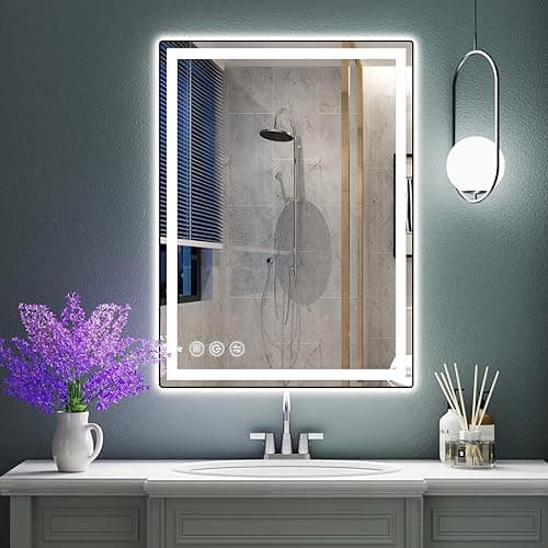 LED Bathroom Mirror 24"x 32" with Stepless Dimmable Wall Mirrors with Anti-Fog, Dimmable CRI>90, Vanity Mirror with 3 Color Modes, Shatter-Proof, Memory Bathroom Mirror with LED Lights 9