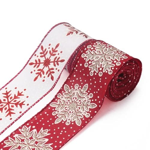 Estivaux 2 Rolls Christmas Ribbons for Crafting, Xmas Wired Edge Ribbon Red White Burlap Ribbon Bow Winter Holiday Snowflake Wired Ribbons for Gift Wrapping Christmas Sewing DIY Crafts Supplies