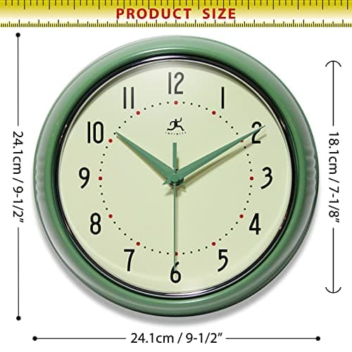 Infinity Instruments LTD. Retro 9 inch Silent Sweep Non-Ticking Mid Century Modern Kitchen Diner Wall Clock Quartz Movement Retro Wall Clock Decorative (Green)… 4