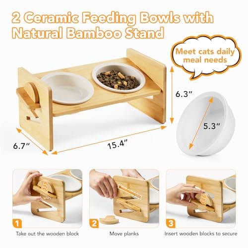 HICC PULE Elevated Pet Bowls for Cats & Small Dogs, Natural Bamboo with Ceramic Raised Small Dog Bowls, Cat Food Dish Bowls Elevated and 15° Tilted, Whisker Friendly, Dishwasher Safe 6