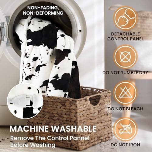 blunique Heated Blanket Throw Blanket - Fast Heating Electric Blanket, Soft Flannel Heated Throw with 4 Time Settings, 10 Heating Settings, Warm Gifts for Women & Mom & Grandma(50"x60"Cow Print White) 6