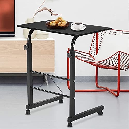 Rolling Wood TV Tray Table Adjustable Magazine Snack Table on Wheels Portable Mobile Laptop Desk Beside Sofa Couch Bed C-Shaped Dinner Tray Tables for Living Room Bedroom(23.5" L x 15.7" W) (Black-S)