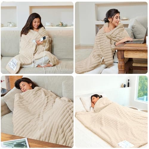 AEPINBH Heated Electric Blanket Throw: 6-Level Fast Heating, 4-Hour Auto-Off, Soft&Warm Stripe Faux Rabbit Fur, for Couch Home Office, with Overheating Protection & ETL Certified (50 x 60,Khaki) 7
