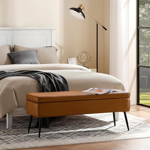 kinmars Leather Storage Ottoman Bench,End of Bed Bench for Living Room Bedroom Dinning Room Entryway,Mid-Century Modern, with Steel Legs,Safety Hinges, Loads 660 lb (Without Button, Brown) 7