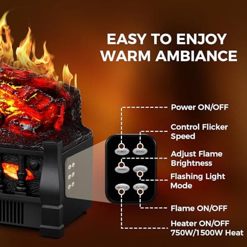 21 Inches Electric Fireplace Insert Log Heater Set, Freestanding Heater with Adjustable Flame Brightness and Flicker Speed, 750w/1500w Heating, Overheat Protection, Remote Control 5