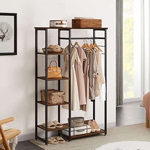 VECELO Open Garment Clothing Rack, Free-Standing Heavy Duty Storage Closet with 5 Shelves and Hanging Rod for Small Spaces, Max Load 350LBS, Brown 5