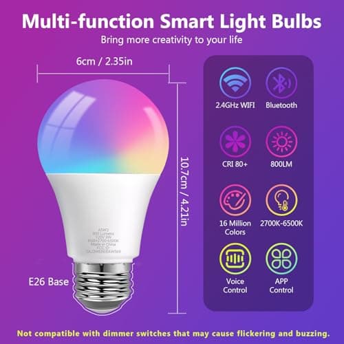 DAYBETTER Smart Light Bulbs, RGBCW Color Changing Smart Bulb Compatible with Alexa & Google Home,Preset Scene, Music Sync, A19 E26 2.4G WiFi Bluetooth Dimmable LED Bulbs, 60W Equivalent, 800LM, 6 Pack 4