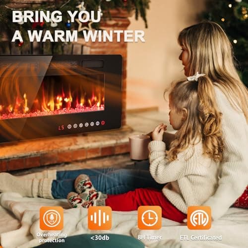 BREEZEHEAT 60 Inch Electric Fireplace Ultra Thin-Freestanding or Recessed Wall Mounted Fireplace Heater, Remote Control, Touch Screen, 750W/1500W, 8H Timer for Living Room, Bedroom, Office 5