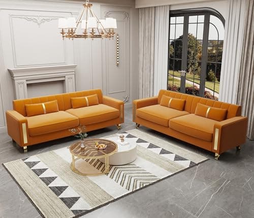 ANTTYBALE Couch 85.62" 3 Seats Sectional Velvet Fabric Sofa Easy Assemble Sofa Bed with 2 Couch Pillows,Gold Metal Legs for Living Room (P17, 2 PCS Orange)