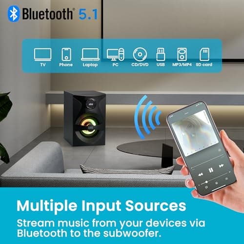 Goldwood Bluetooth 5.1 Surround Sound Home Theater Speaker System with LED Display, FM Tuner, USB/SD Inputs - 6-Piece Set with Remote Control, Black 6