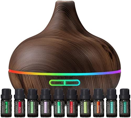Pure Daily Care Ultimate Aromatherapy Diffuser with Essential Oil Set - 300ml Ultrasonic Diffuser, 4 Timer & 7 Ambient Light Settings - 10 Therapeutic Grade Essential Oils - Oak Wood